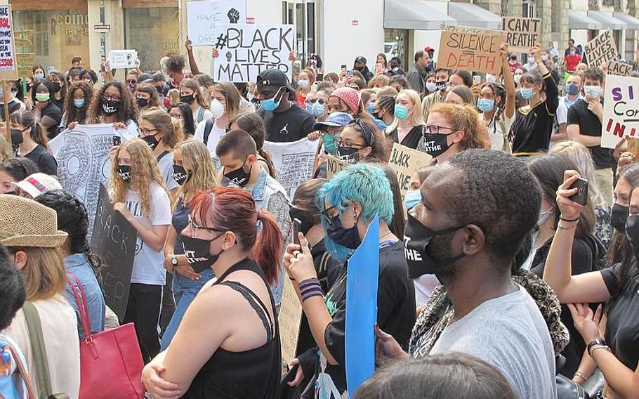 At least 100 people gathered in the Piazza Castello in Vicenza, Italy, on Saturday, June 6, 2020, including many Americans, to protest the killing of George Floyd by Minneapolis police. The peaceful protest lasted about two hours while a handful of Italian police looked on.