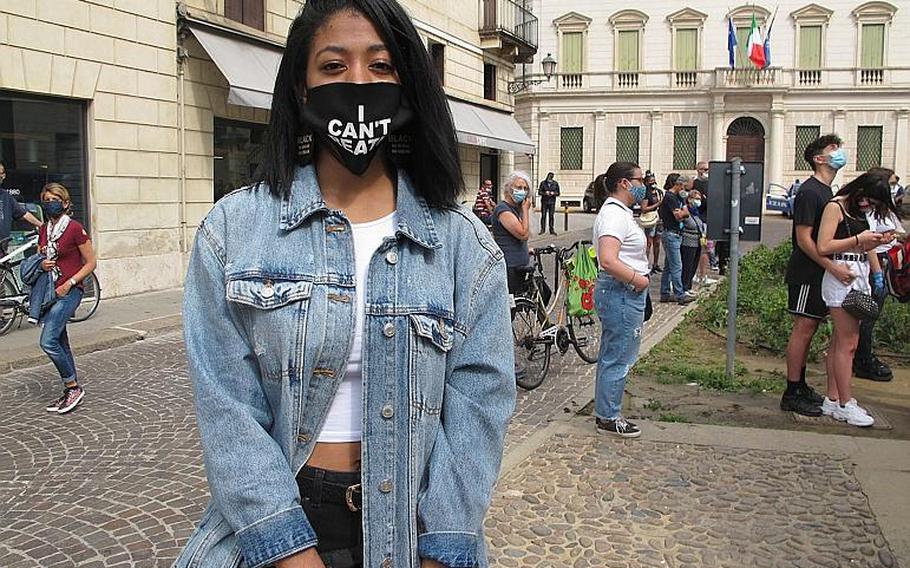 I'ziae Frazier, 18, and a student at Vicenza High School within U.S. Army Garrison Italy, came to the protest with friends just hours ahead of her high school graduation. She will matriculate at Howard University in Washington, D.C. in the fall. 