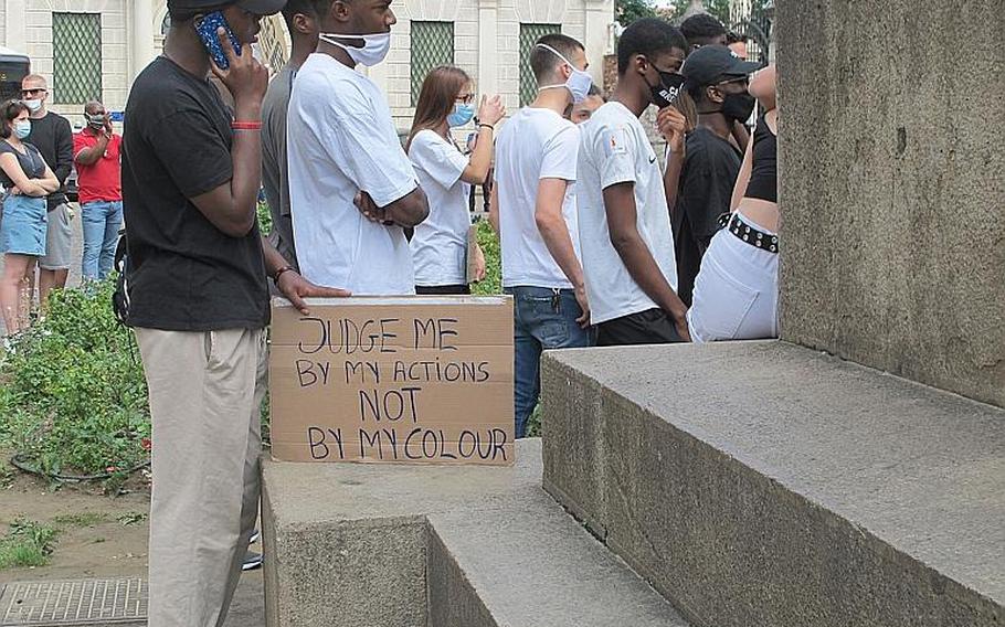 Demonstrators in Vicenza, Italy, on Saturday, June 6, 2020, spent two hours listening to speeches and music as they protested the death of George Floyd, the latest African American killed by police. The young men pictured here are Italian. 