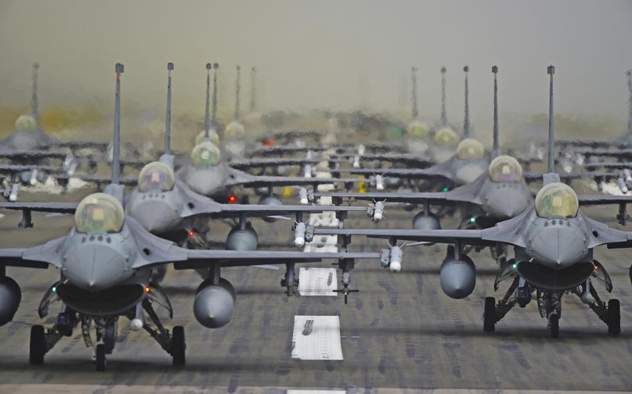 U.S. Air Force 52nd Fighter Wing F-16 jets line up in formation on the runway at Spangdahlem Air Base, Germany, Oct. 1, 2019. Spangdahlem is home to the only F-16 squadron in Germany. It might move under President Donald Trump's plan to remove 9,500 troops from Germany, The New York Times reported Friday.