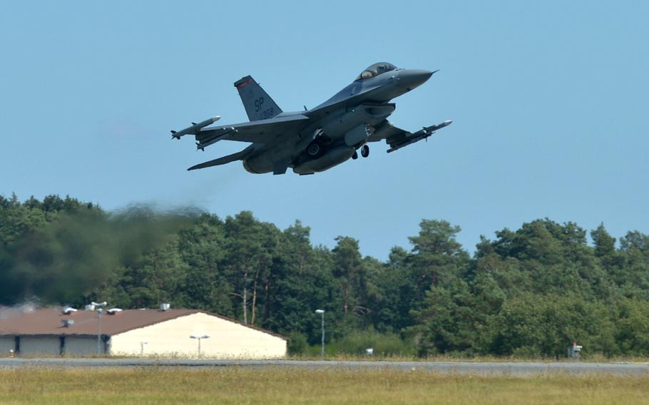 A Spangdahlem Air Base, Germany-based F-16 jet from the 480th Fighter Squadron takes off from the base in August 2018.