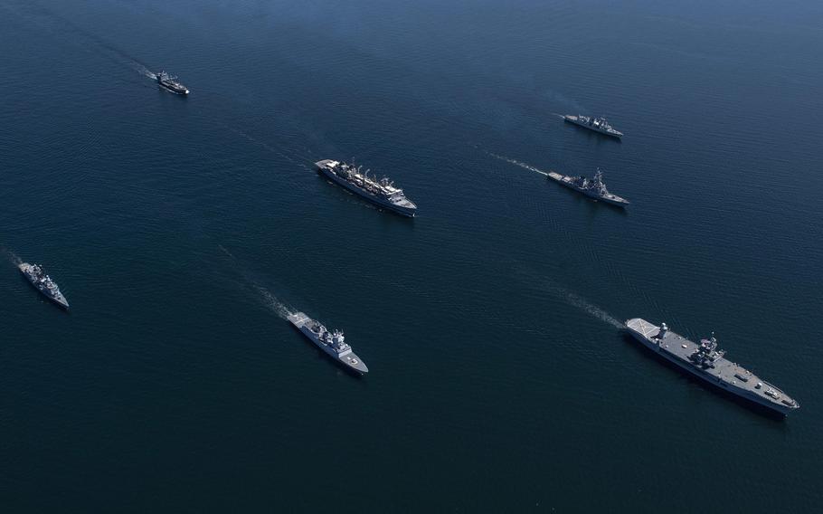 Led by the U.S. Navy command and control ship USS Mount Whitney, right, ships from nations participating in Baltic Operations 2020, or BALTOPS, sail in the Baltic Sea, June 8, 2020.