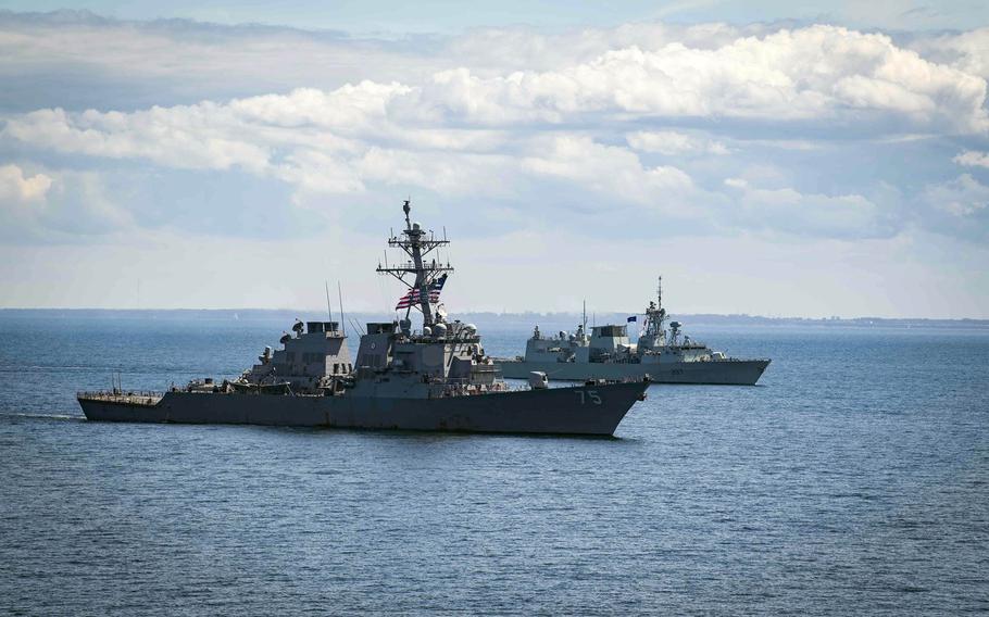 The USS Donald Cook and the Canadian navy frigate HMCS Fredericton sail in the Baltic Sea for exercise Baltic Operations 2020, or BALTOPS, June 8, 2020.
