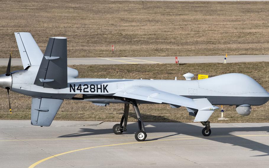 A remotely piloted MQ-9 Reaper taxis toward the runway at Miroslawiec Air Base, Poland, March 1, 2019. The Reapers from the 52nd Expeditionary Operations Group Detachment 2 based in Poland have been moved to Estonia while runway work is being done at the base.