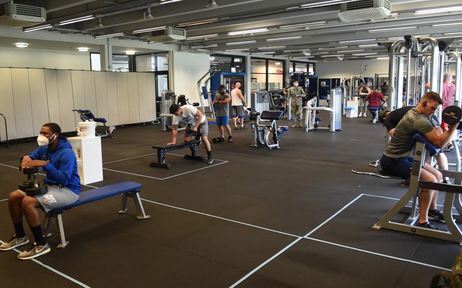 Machines and benches inside the weight room at the Southside Fitness Center at Ramstein Air Base, Germany, are spaced about 10 feet apart and there's a limit of 28 people allowed in the room at one time, per rules to limit the spread of the coronavirus. The gym reopened on Monday, June 15, 2020, after being closed since March.