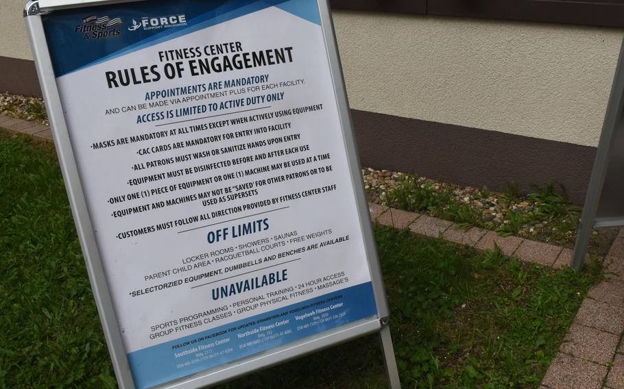 A sign outside the Southside Fitness Center at Ramstein Air Base, Germany, lists the safety and hygiene guidelines in place to reduce the spread of germs. The gym reopened for the first time on Monday, June 15, 2020, since closing in March due to the coronavirus pandemic. Only active duty members can use the gym for now and must make appointments online.