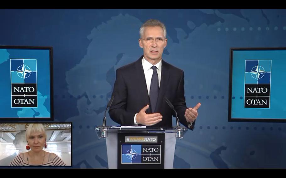 In this screen shot, NATO Secretary-General Jens Stoltenberg answers a question from NPR/Deutsche Welle's Teri Schultz during a virtual press conference, Tuesday, June 16, 2020, ahead of Wednesday's NATO defense ministerial meeting.