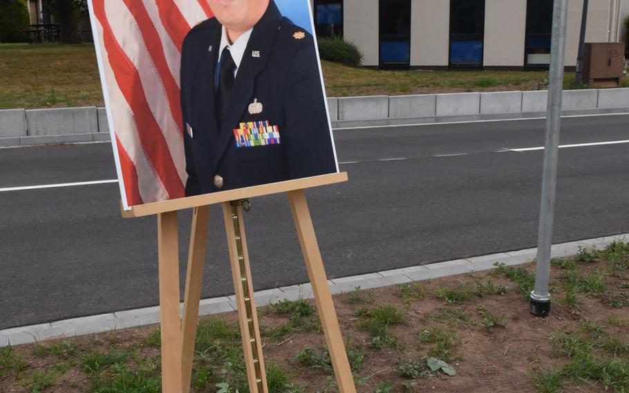 A photo of the late Air Force Maj. Rodolfo Rodriguez is displayed during a road dedication ceremony in his name on Tuesday, June 16, 2020, at Ramstein Air Base, Germany.