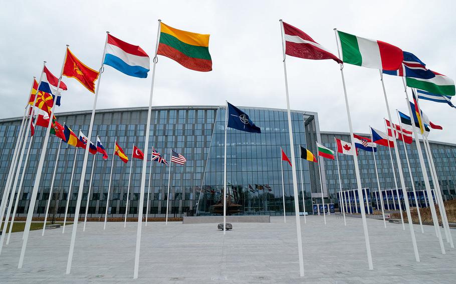 NATO headquarters in Brussels, Belgium, April 2020. NATO defense ministers, including U.S. Defense Secretary Mark Esper, gathered virtually Wednesday to begin two days of talks. President Donald Trump's directive to cut U.S. troop strength in Germany is expected to be a focus of discussions.