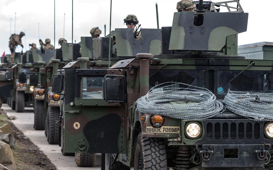 Soldiers of the 92nd Military Police Company prepare for a convoy live fire exercise at the Baumholder, Germany, military training area in March 2019. Democratic lawmakers have introduced legislation that would block President Donald Trump's push to withdraw nearly 10,000 troops from Germany, warning that such a move would have catastrophic security consequences for the U.S.