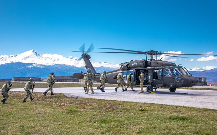 U.S. soldiers from Kosovo Force Regional Command-East train with Turkish soldiers on March 16, 2020, at Camp Bondsteel, Kosovo. NATO's Kosovo Force, or KFOR, which includes about 500 U.S. service members, continues to patrol Kosovo more than 20 years after the peacekeeping mission began.