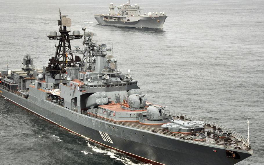 The Russian navy anti-submarine ship Severomorsk sails with the U.S. 6th Fleet flagship USS Mount Whitney during a joint exercise in 2010. A buildup by Russia is turning the eastern Mediterranean Sea into one of the world?s most militarized zones, Adm. James Foggo, head of U.S. Naval Forces Europe and Africa, says.