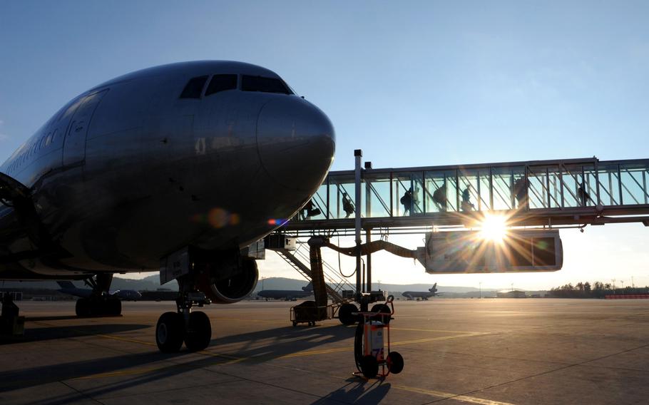 Passengers arrive at Ramstein Air Base, Germany, in 2015. U.S. military personnel bound for assignments in Europe are not expected to be affected by an EU travel ban on Americans that took effect Wednesday, July 1, 2020, military officials said.
