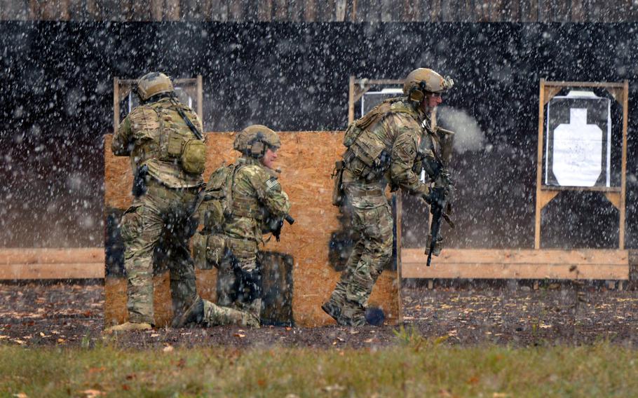 U.S. soldiers assigned to 1-10th Special Forces Group maneuver through a shooting range during a weapons training exercise at the Panzer Range Complex, in Boeblingen, Germany, in November 2016. The Army said on July 7, 2020, that it will pay $1.6 million to construct barrier walls at two open-air sites at the suburban Stuttgart firing range.