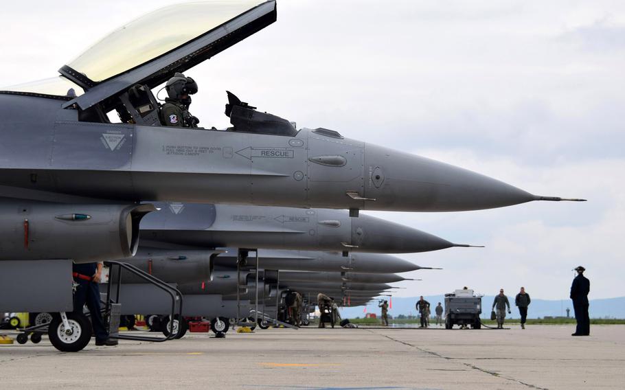 Airmen assigned to the 301st Fighter Wing, Naval Air Station Joint Reserve Base Fort Worth, Texas, prepare to launch F-16C Fighting Falcons at Campia Turzii, Romania, in May 2019.The Air Force has requested more than $130 million for renovations at the base, which could become a NATO hub in the Black Sea region.