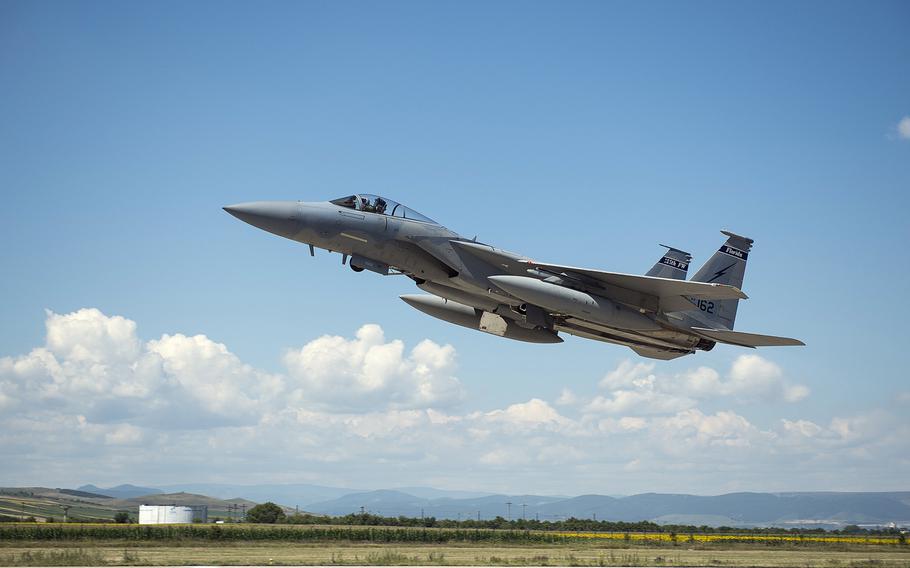 An F-15C Eagle fighter aircraft from the 159th Expeditionary Fighter Squadron takes off from Campia Turzii, Romania, in July 2017. The Air Force has requested more than $130 million for renovations at the base, which could become a NATO hub in the Black Sea region.