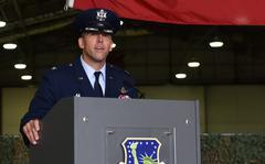 Col. Jason Camilletti, the new 48th Fighter Wing commander, addresses the Liberty Wing for the first time during a change of command ceremony at RAF Lakenheath, England, July 10, 2020.


