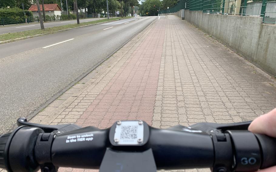 A rented electric scooter is pictured on Tuesday, June 30, 2020, zipping past Kleber Kaserne in Kaiserslautern, Germany, at 20 kph or nearly 12.5 mph.