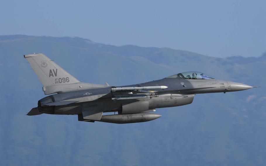 A U.S. Air Force F-16 Fighting Falcon assigned to the 510th Fighter Squadron takes off from Aviano Air Base, Italy, July 22, 2020. The F-16 particpated in an exercise over the Black Sea.