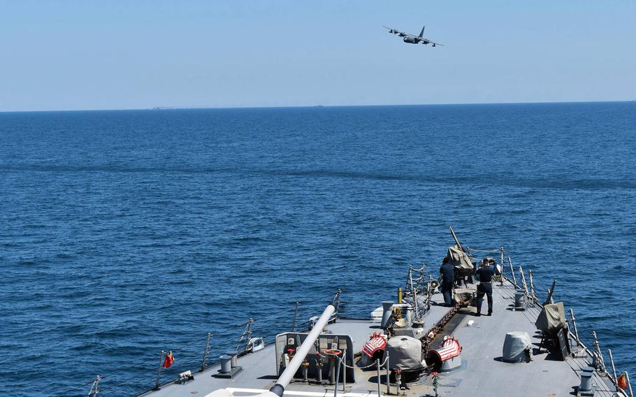The Navy's USS Porter and an MC-130J from the Air Force's 352d Special Operations Wing participate in exercise Sea Breeze 2020 in the Black Sea, July 20, 2020.