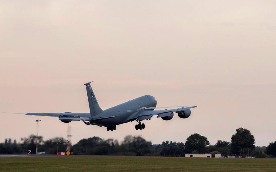 A KC-135 Stratotanker aircraft assigned to the 100th Air Refueling Wing takes off from RAF Mildenhall, England, July 22, 2020. The aircraft integrated with Air Force and Navy assets over the Black Sea, demonstrating U.S. forces? commitment to allies and partners in the region.