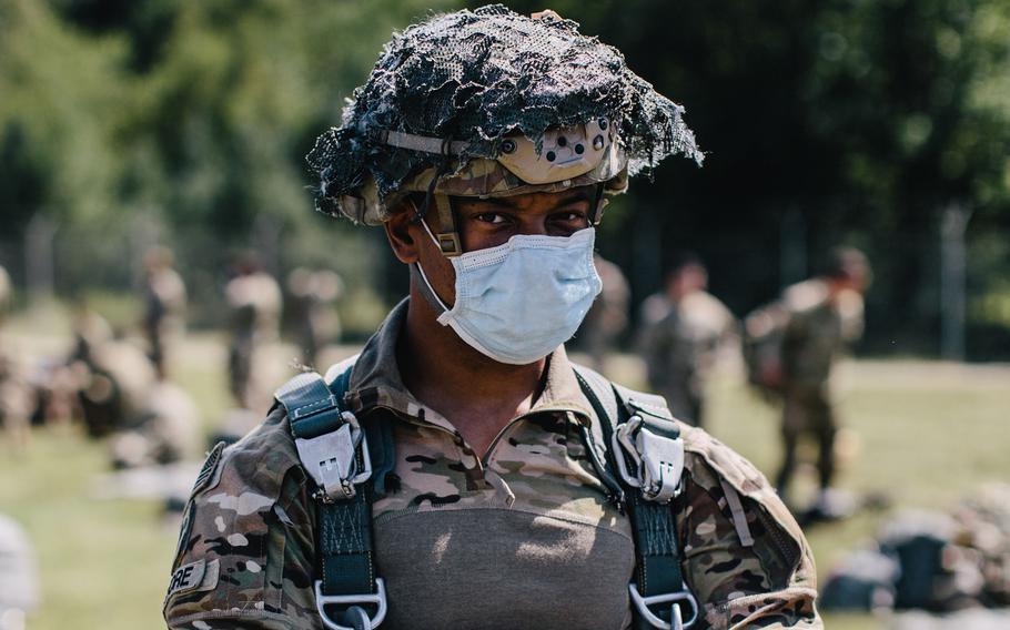 A U.S. Army paratrooper from the 173rd Airborne Brigade waits for an airborne operation to begin at Grafenwoehr Training Area, Germany, July 23, 2020.