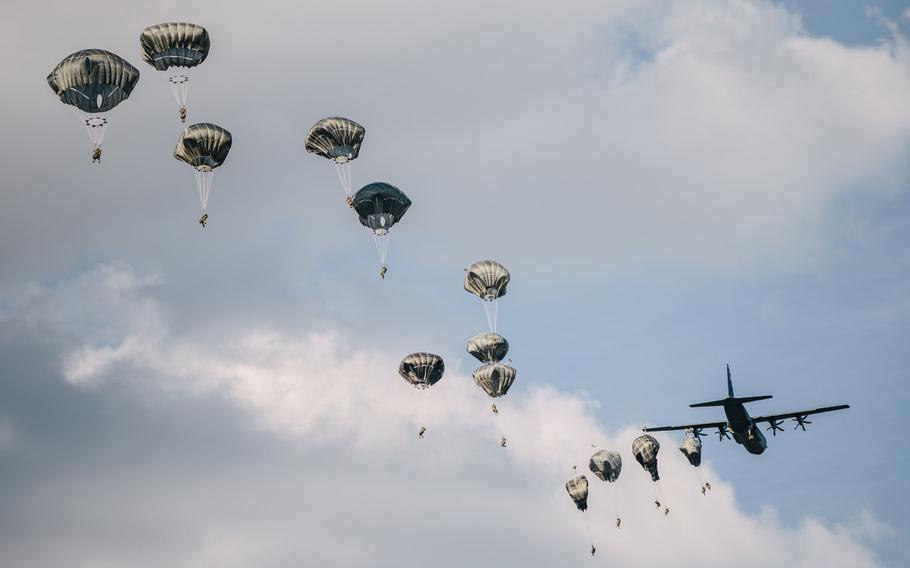 U.S. Army paratroopers assigned to the 173rd Airborne Brigade exit an aircraft over Bunker Drop Zone at Grafenwoehr Training Area, Germany, July 23, 2020.