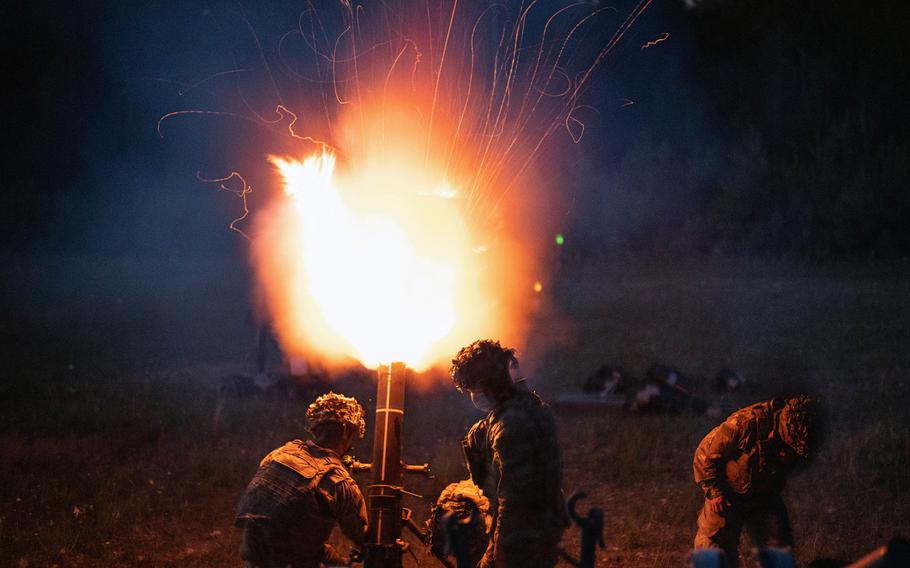 U.S. Army paratroopers from 2nd Battalion, 503rd Infantry Regiment, 173rd Airborne Brigade fire a 120 mm mortar illumination round July 23, 2020, during training at  Grafenwoehr, Germany.