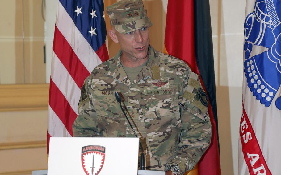 The new commander of U.S. Special Operations Command Europe, Air Force Maj. Gen. David H. Tabor, speaks at the unit???s change of command ceremony in Stuttgart, Germany, Aug. 3, 2020.  He replaces Maj. Gen. Kirk W. Smith as commander.