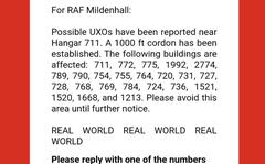 RAF Mildenhall received an evacuation notification Tuesday, Aug. 4, 2020, after a possible unexploded ordinance was discovered near hangar 711. 

U.S. Air Force