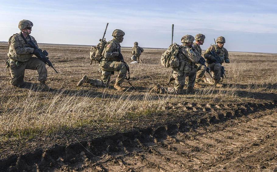 Soldiers with the 1st Cavalry Division clear an open engagement area during a Combined Arms Live Fire Exercise in Galati, Romania in February 2020. More U.S. troops could be going to Romania as part of the plan to reduce forces in Germany, Defense Secretary Mark Esper said on Aug. 4, 2020.