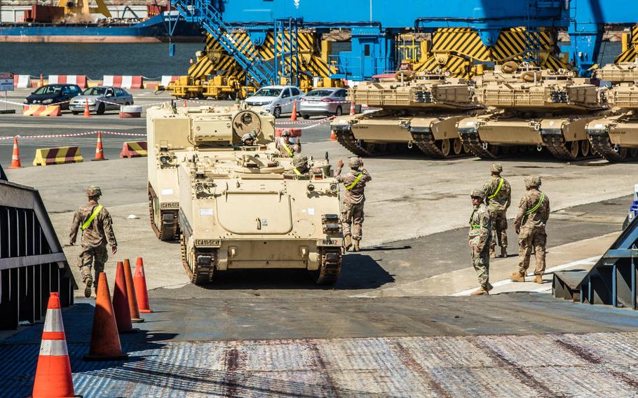 Soldiers of 2nd Armored Brigade Combat Team, 1st Cavalry Division, conduct port operations in Constanta, Romania, July 10, 2020, as they prepare to return to the U.S. following a nine-month deployment in support of Operation Atlantic Resolve. 