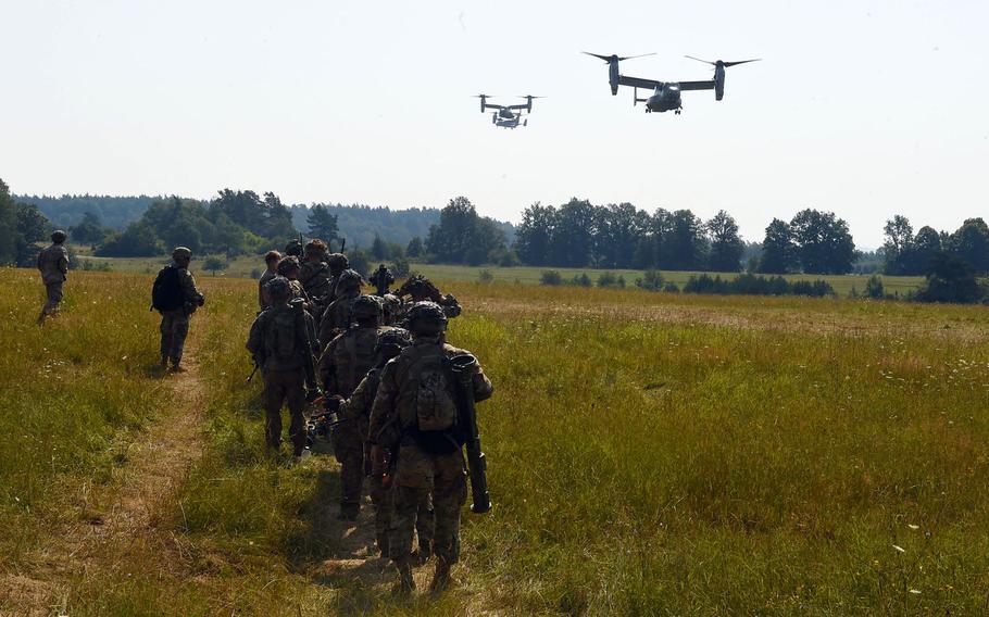 Soldiers with the 173rd Airborne Brigade prepare to be transported on Marine MV-22 Ospreys in Grafenwoehr, Germany, on Aug. 10, 2020, during Exercise Saber Junction. The Marines flew at least three Ospreys around 1,200 miles from Moron in Spain to Grafenwoehr for the exercise.