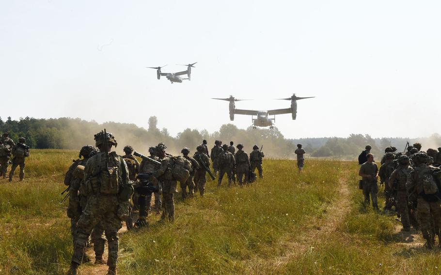 Soldiers with the 173rd Airborne Brigade prepare to be transported on Marine MV-22 Ospreys in Grafenwoehr, Germany, on Aug. 10, 2020, during Exercise Saber Junction. The Marines flew at least three Ospreys around 1,200 miles from Moron in Spain to Grafenwoehr for the exercise.