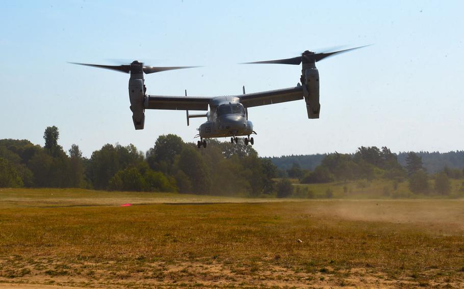 A Marine MV-22 Osprey takes off at Grafenwoehr training area in Germany on Aug. 10, 2020, during the Army-led Saber Junction exercise. The Marines, who are thought to be taking part in Saber Junction for the first time, flew at least three Ospreys from Spain to Germany for the exercise, which runs until the end of August.