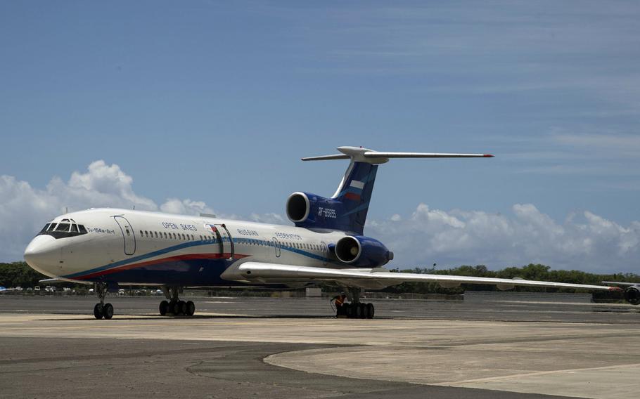 A Russian air force Open Skies Tupolev Tu-154M RF-85655 lands at Joint Base Pearl Harbor-Hickam, Hawaii, in August 2019. The plane flew over two U.S. Air Force bases in Germany on Aug. 12, 2020, USAFE confirmed, in line with the terms of the Open Skies Treaty, an agreement the U.S. wants to leave.