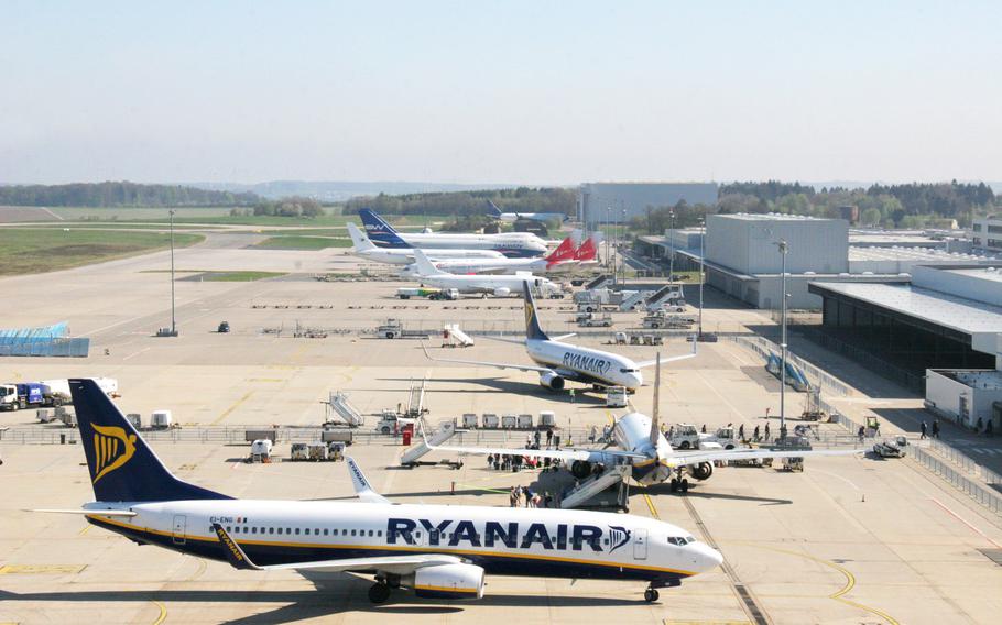Ryanair aircraft at Frankfurt-Hahn Airport. Some U.S. military families living in Europe were recently barred from flying to Greece on Ryanair by airline ground personnel at the airport.