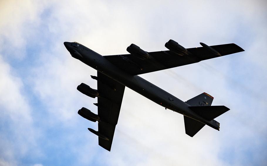A B-52 Stratofortress flies overhead at RAF Fairford, England, Aug. 22, 2020. Six B-52s from the 5th Bomb Wing at Minot Air Force Base, N.D., will overfly all 30 NATO member states on Aug. 28, 2020, NATO and the U.S. military said.