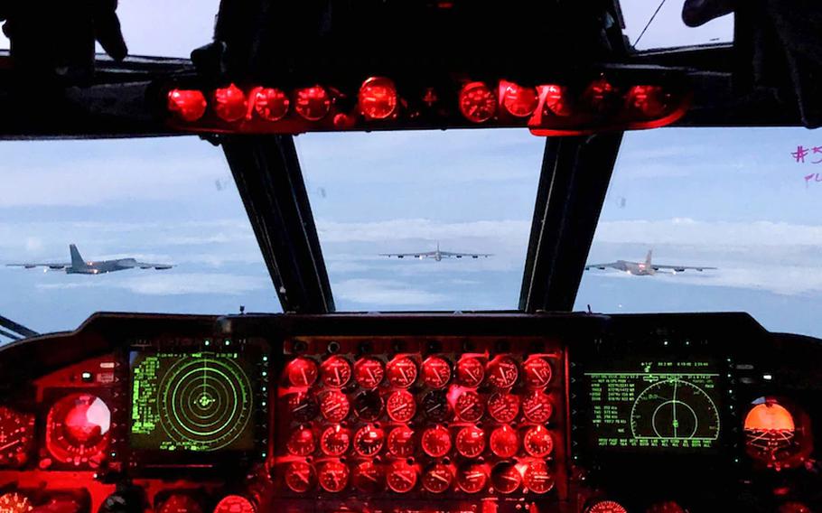 A view of three U.S. Air Force B-52 Stratofortresses as seen from the cockpit of another B-52, as they fly with the Norwegian air force, Aug. 26, 2020. Six B-52s from the 5th Bomb Wing at Minot Air Force Base, N.D., will overfly all 30 NATO member states on Aug. 28, 2020, NATO and the U.S. military said.