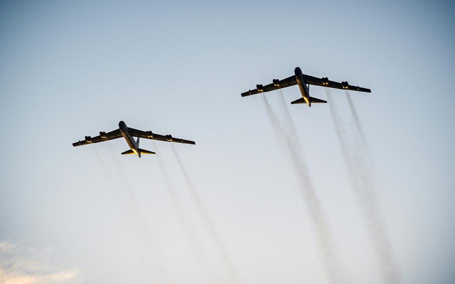 A pair of B-52 Stratofortressess fly overhead at RAF Fairford, England, Aug. 22, 2020. Six Stratofortresses from the 5th Bomb Wing at Minot Air Force Base, N.D., will overfly all 30 NATO member states on Aug. 28, 2020, NATO and the U.S. military said.