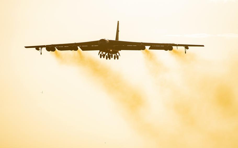 A B-52 Stratofortress flies overhead at RAF Fairford, England, Aug. 22, 2020. Six B-52s from the 5th Bomb Wing at Minot Air Force Base, N.D., will overfly all 30 NATO member states on Aug. 28, 2020, NATO and the U.S. military said.