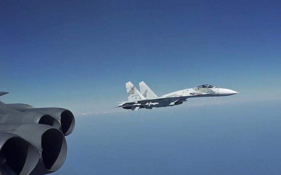 A Russian Su-27 Flanker jet intercepts a U.S. Air Force B-52 bomber conducting operations over Black Sea international waters, Aug. 28, 2020. A Russian Su-27 also intercepted a U.S. B-52 over Denmark's Bornholm island on Friday, which NATO this week said was a rare and significant violation of its airspace.