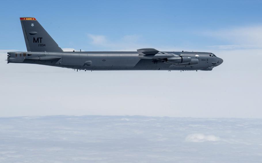 A U.S. B-52H Stratofortress assigned to the 5th Bomb Wing, Minot Air Force Base, N.D., flies over Ukraine during a Bomber Task Force Europe mission, Sept. 4, 2020.