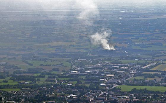 Smoke rises from a waste treatment plant in Aviano, Italy, on Sept. 20, 2020, after a fire began the prior evening. Twelve fire departments from local towns and responders from the 31st Fighter Wing at Aviano Air Base had largely extinguished the fire by Monday. 
