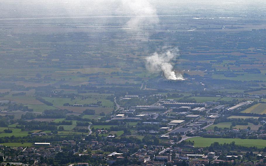 Smoke rises from a waste treatment plant near Aviano, Italy, on Sept. 20, 2020, after a fire began the prior evening. Twelve fire departments from local towns and responders from the 31st Fighter Wing at Aviano Air Base had largely extinguished the fire by Monday.