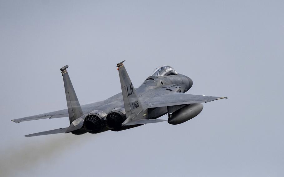 An F-15C Eagle of the 493rd Fighter Squadron takes off  from RAF Lakenheath, England, Sept. 21, 2020, to participate in exercise Astral Knight 2020 in Poland.