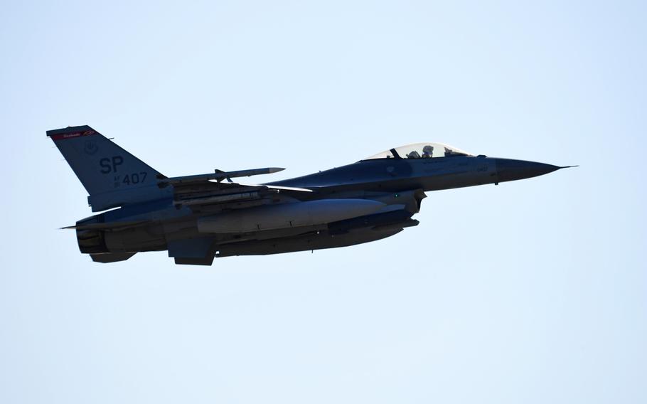 A U.S. Air Force F-16 Fighting Falcon departs Spangdahlem Air Base, Germany, in support of Astral Knight 2020, on Sept. 21, 2020. Astral Knight is a U.S.-led exercise involving airmen and soldiers working with service members from Poland, Latvia, Lithuania, Estonia and Sweden.