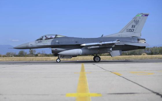 A U.S. Air Force F-16 Fighting Falcon assigned to the 555th Fighter Squadron, Aviano Air Base, Italy, taxis on the runway during exercise Thracian Viper 20 at Graf Ignatievo Air Base, Bulgaria, Sept. 21, 2020.

