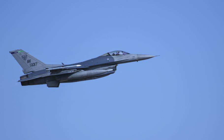 A U.S. Air Force F-16 Fighting Falcon assigned to the 555th Fighter Squadron, Aviano Air Base, Italy, flies over Graf Ignatievo Air Base, Bulgaria, during exercise Thracian Viper 20, Sept. 21, 2020.