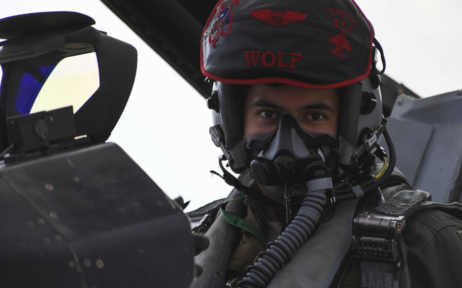 A U.S. Air Force pilot from the 555th Fighter Squadron, Aviano Air Base, Italy, sits in the cockpit of an F-16 Fighting Falcon at Graf Ignatievo Air Base, Bulgaria, Sept. 21, 2020.